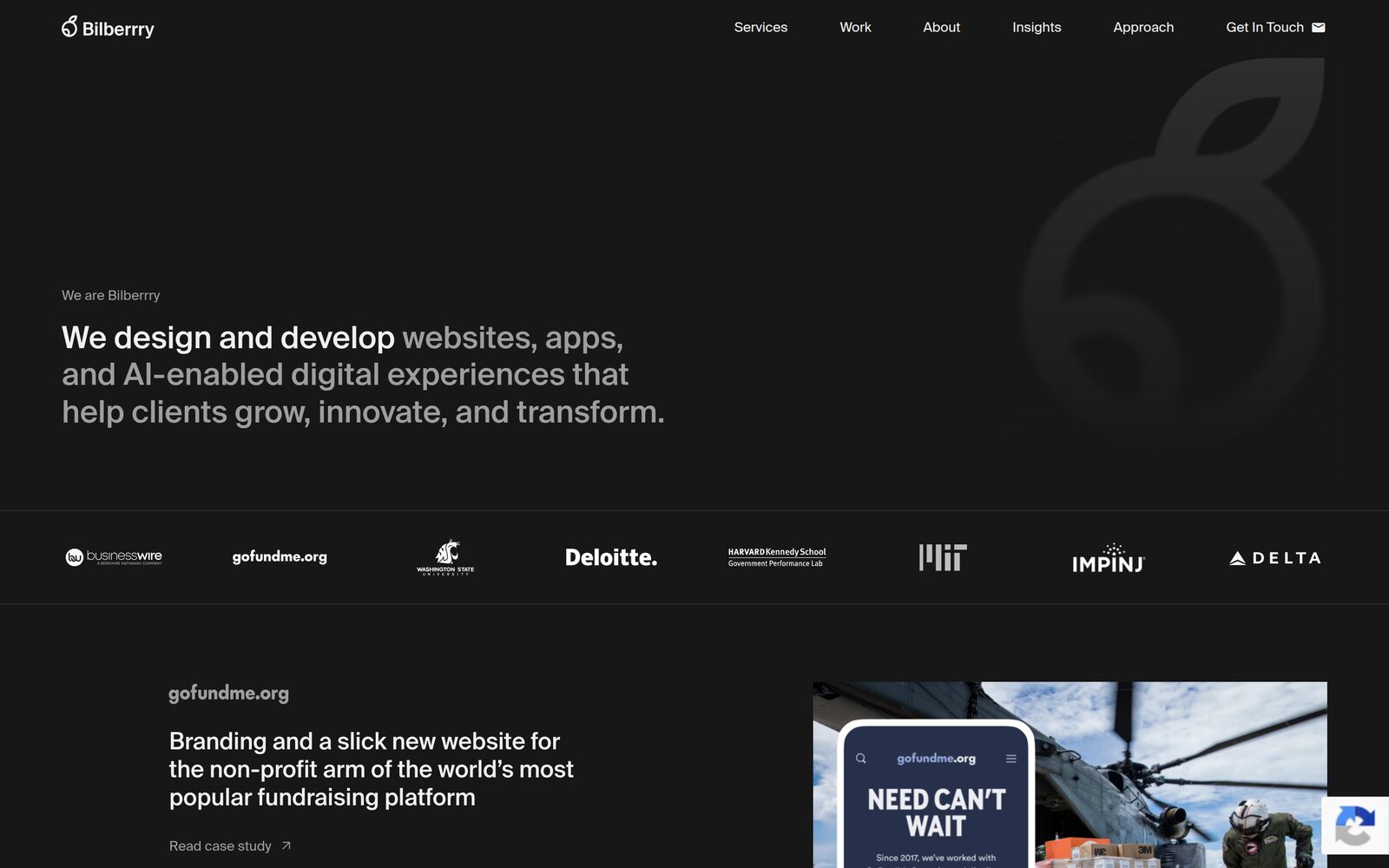 The Bilberrry homepage, showing client logos including Business Wire, GoFundMe.org, Deloitte, MIT and Delta.