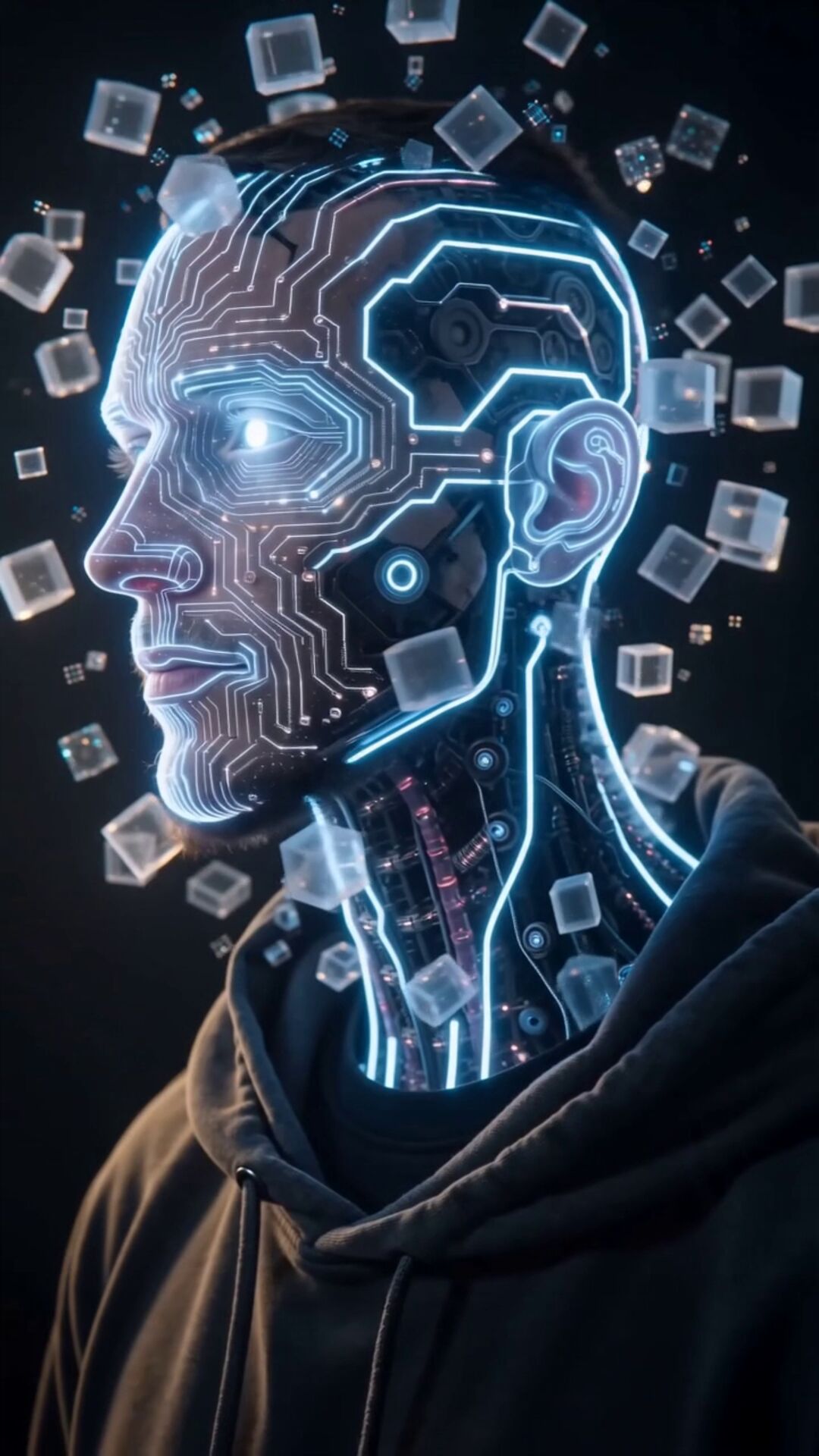 A portrait of Serhii Shandaliuk resolving into a wireframe head.